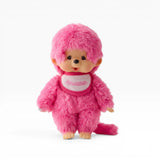Monchhichi berry pink plush doll with hood and scarf, smiling face, standing