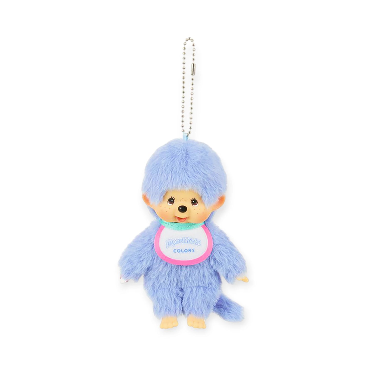 The Monchhichi Colours Bag Charm - Blue by Monchhichi features a plush blue toy with a round face and pink-blue bib, making it a cute keychain gift or playful bag charm.