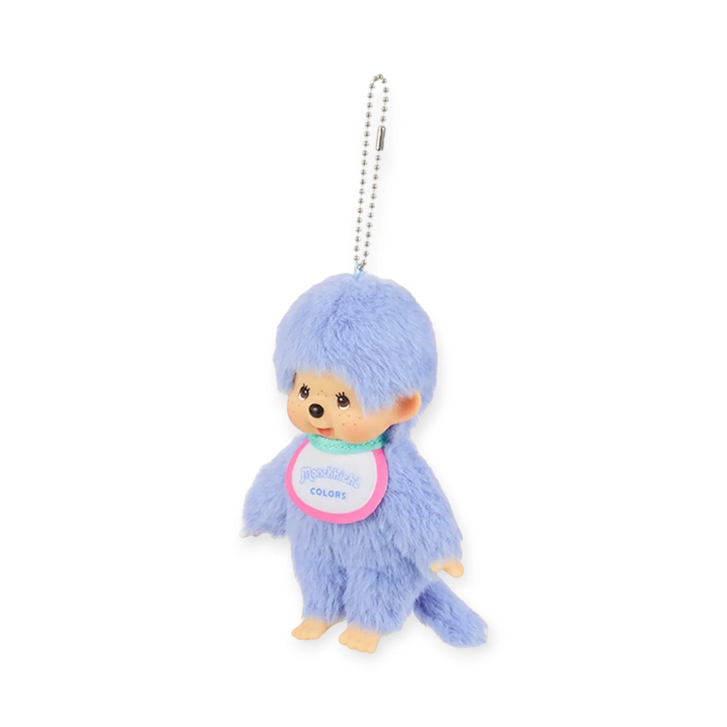 The Monchhichi Colours Bag Charm - Blue by Monchhichi is a small plush keychain with blue fur, a round face, and a name tag around its neck—perfect as a cute gift or accessory.