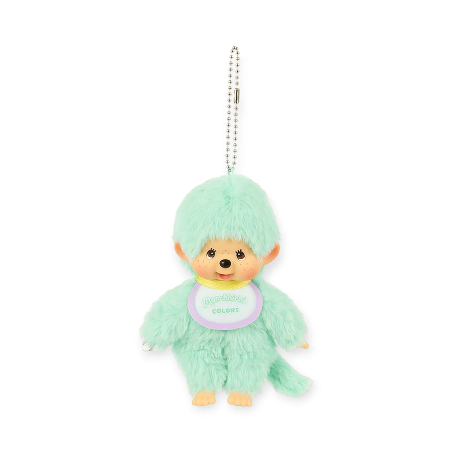 The Monchhichi Colours Bag Charm - Mint Green by Monchhichi features a plush monkey doll with a round head, embroidered face, and "Monchhichi COLORS" bib—perfect as a cute bag charm or thoughtful keychain gift on a silver ball chain.