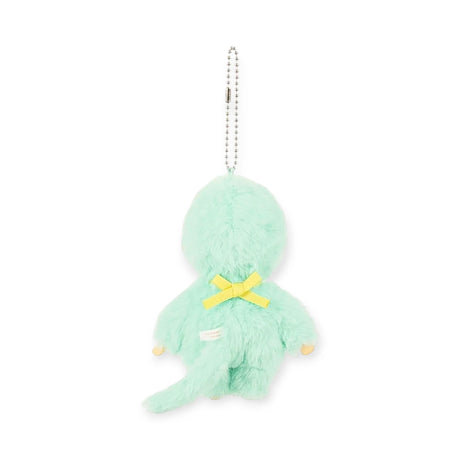 The Monchhichi Colours Bag Charm - Mint Green by Monchhichi is a cute stuffed animal keychain with a yellow ribbon and silver ball chain, shown from the back—perfect as an adorable accessory or gift.