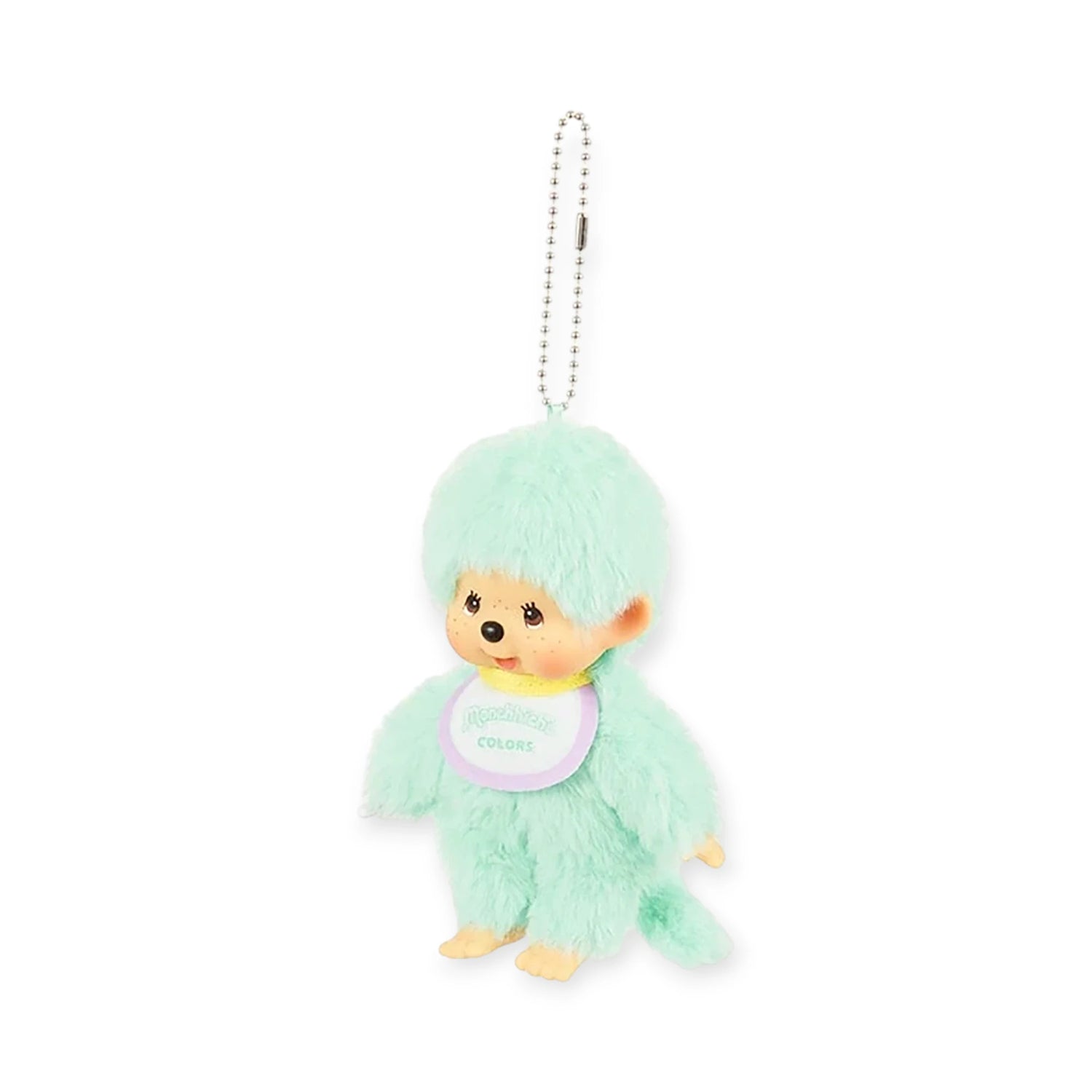 The Monchhichi Colours Bag Charm - Mint Green by Monchhichi features a cute, small mint green monkey with a "COLORS" bib on a silver chain—ideal as an adorable keychain or gift.