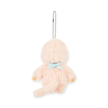 Monchhichi peach plush bag charm with silver chain and blue ribbon bow