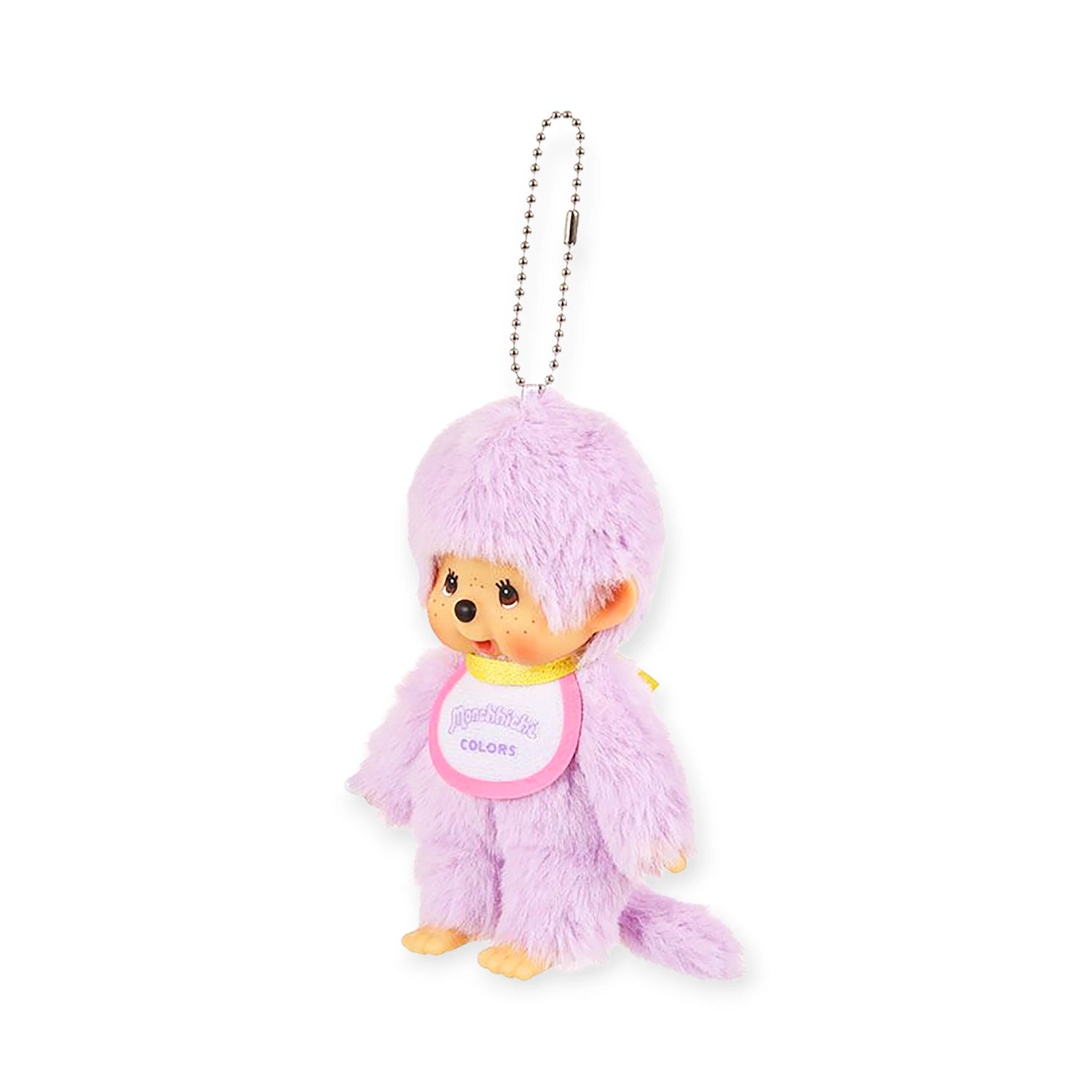 The Monchhichi Colours Bag Charm - Purple by Monchhichi is a cute lavender monkey plush keychain with a pink bib and metal chain, perfect as a charming gift or accessory.