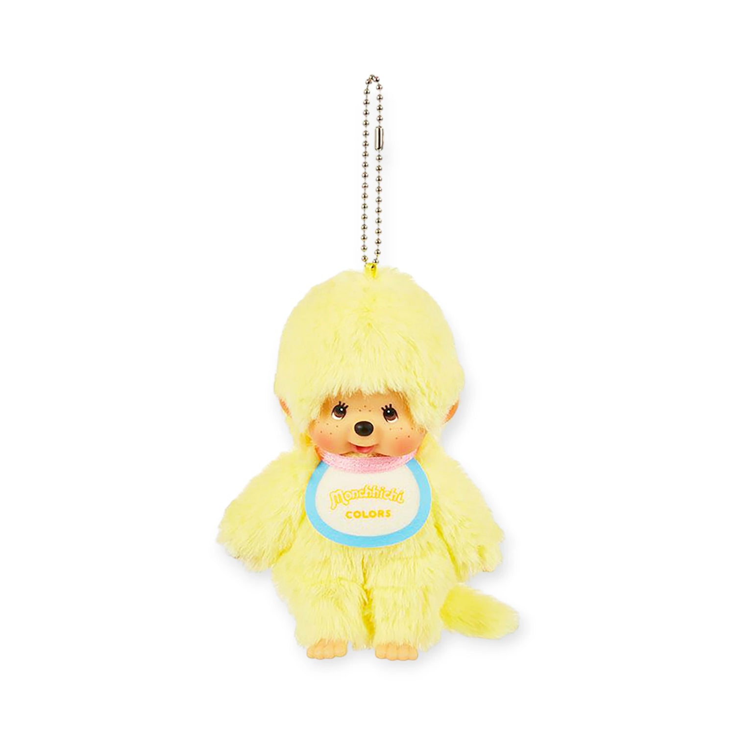 The Monchhichi Colours Bag Charm - Yellow by Monchhichi features a plush round head, large ears, embroidered face, and a “Monchhichi COLORS” tag on a ball chain—an adorable keychain gift or cheerful accessory.