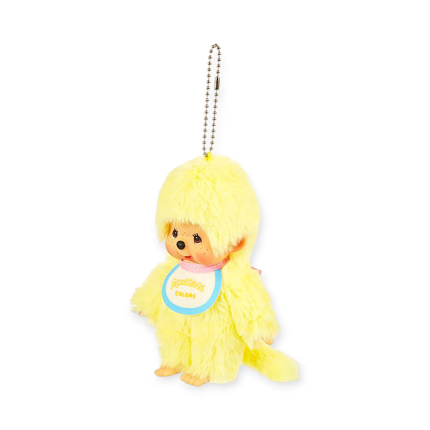 The Monchhichi Colours Bag Charm - Yellow is a small plush monkey keychain by Monchhichi, featuring a round head, yellow fur, and a "Monchhichi Colors" bib. It hangs from a silver ball chain—perfect as a cute gift or charm for your bag.