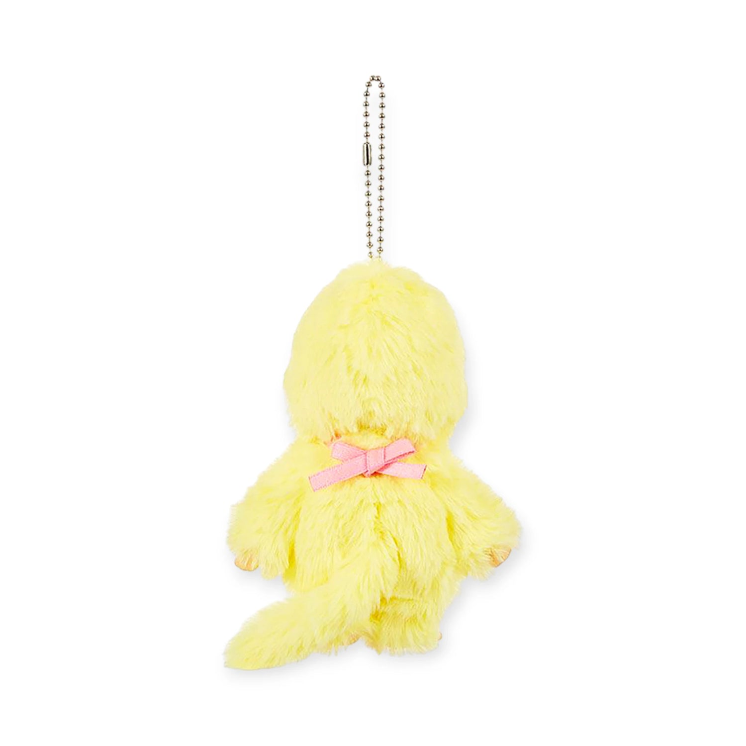The Monchhichi Colours Bag Charm - Yellow by Monchhichi is a cute plush chick keychain with a pink bow on its back and a metal bead chain, perfect as an adorable bag accessory or thoughtful keychain gift.