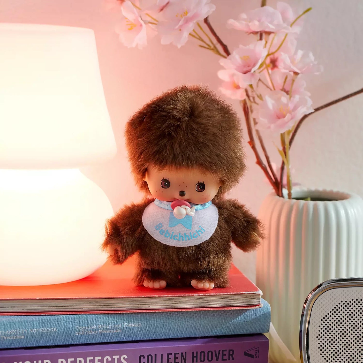 Brown fur plush doll with blue bib and pacifier, standing on books