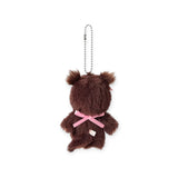 Brown plush bag charm keychain with pink ribbon on back and silver ball chain