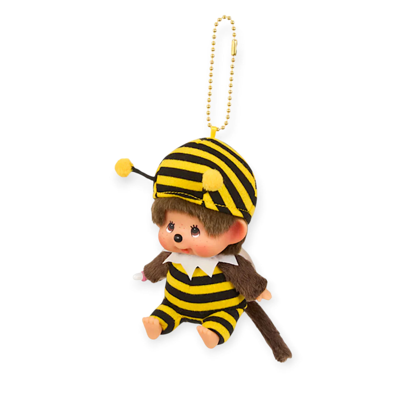 Monchhichi plush bee bag charm in yellow-and-black stripes with gold bead chain, side view