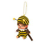 Monchhichi plush bee bag charm in yellow-and-black stripes with gold bead chain, side view