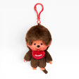 Brown furry boy bag charm with red keychain loop and red shirt; full body view