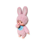 The Monchhichi Flocked Figure Blind Box - Chimutan Series features a plush doll in a pink rabbit costume with long ears, a blue "Monchhichi" bib, and thumb-sucking pose, capturing childhood whimsy.