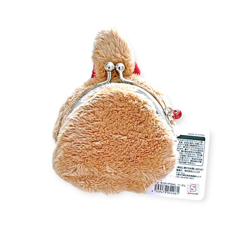 The Monchhichi Coin Pouch - BebeChichi by Monchhichi is crafted with plush fabric, features a cute brown animal face with ears, a metal clasp, and comes with an attached tag.