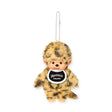 Leopard-pattern plush bag charm with beaded chain and “Monchhichi COLORS” badge