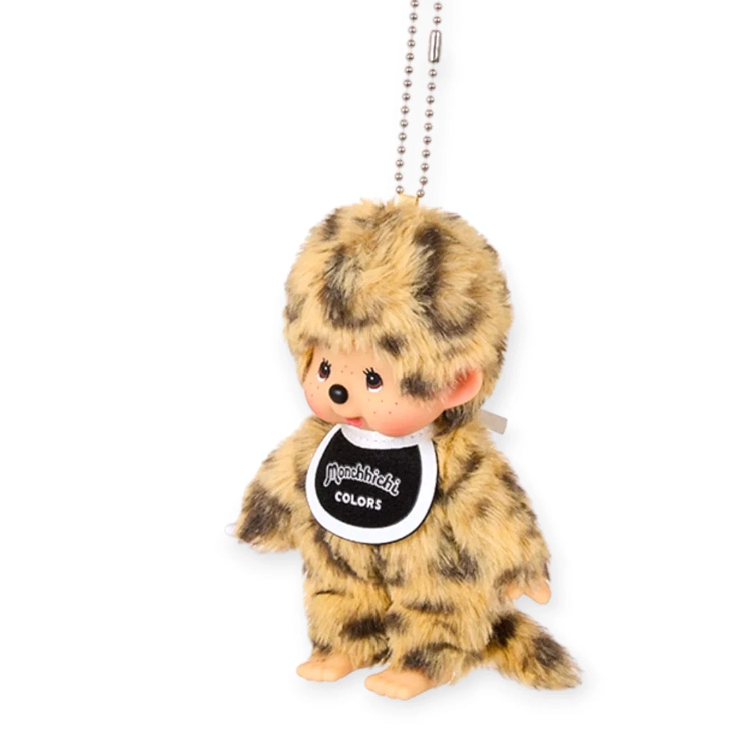 Leopard-pattern plush bag charm with beaded chain and round “Monchhichi COLORS” tag