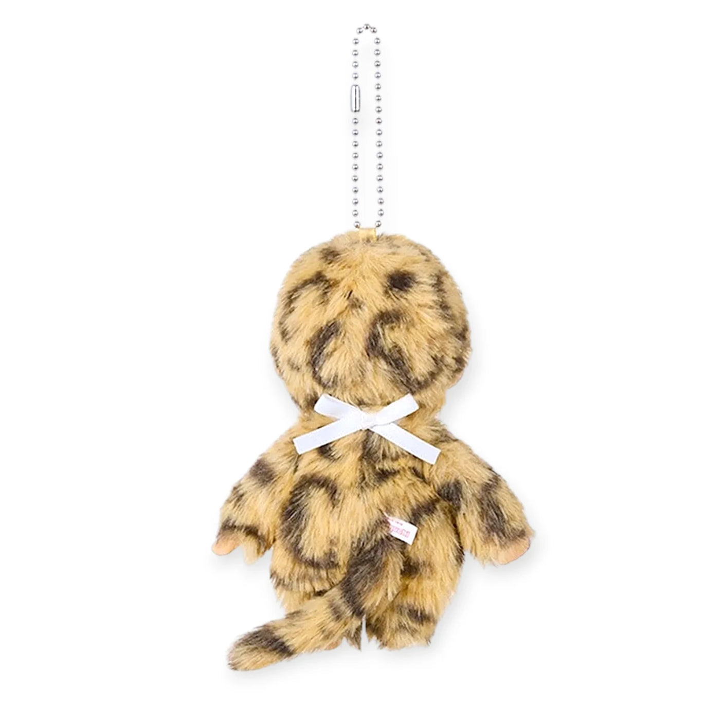 Leopard-pattern plush bag charm with beaded chain, back bow, and “Monchhichi COLORS” badge
