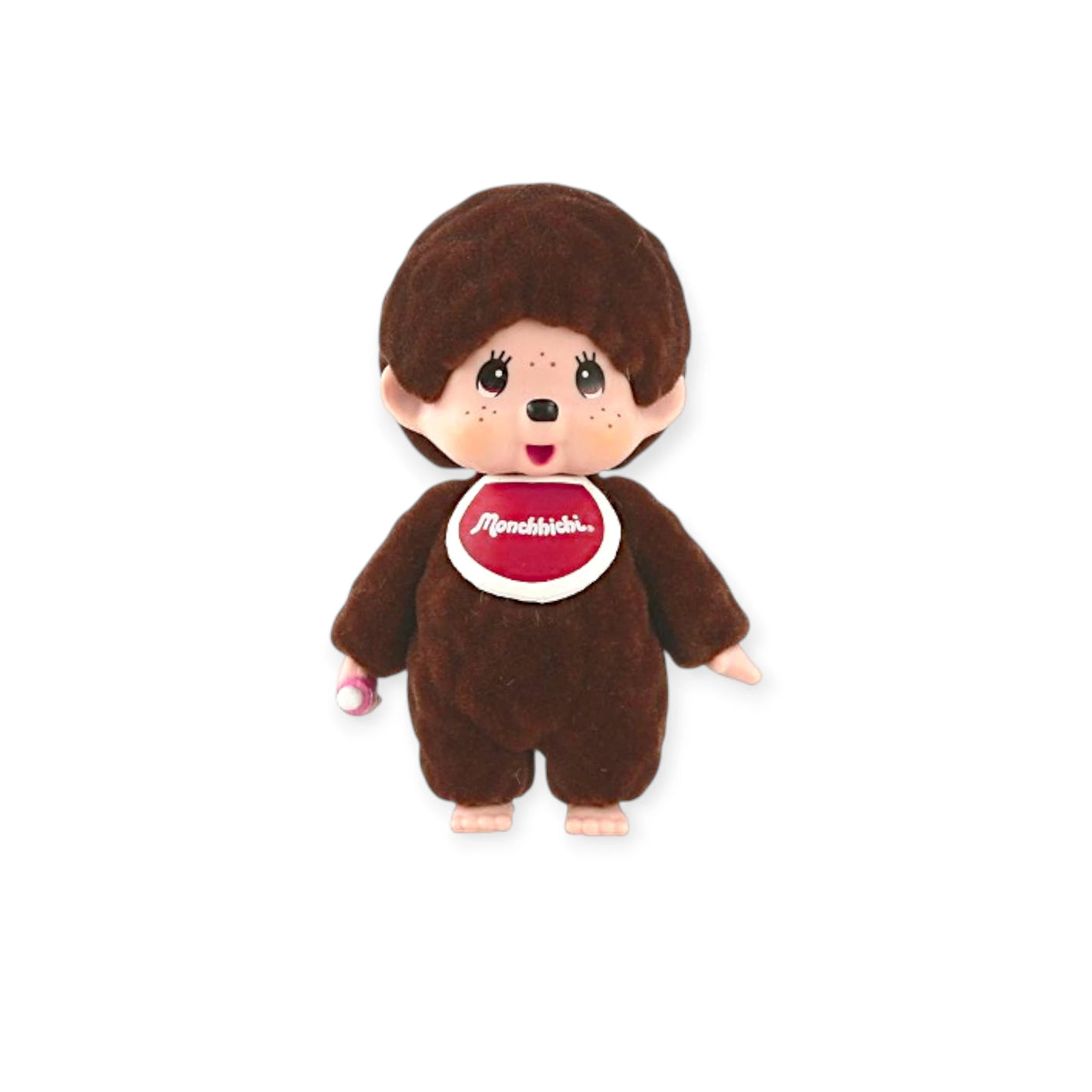 Monchhichi flocked figure with brown hood and white-and-red chest badge