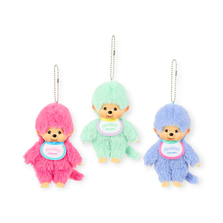 The Monchhichi Colours Bag Charm - Blue by Monchhichi is a cute plush keychain with a white tag and ball chain loop—perfect as a keychain gift or to add charm to your favorite blue bag.