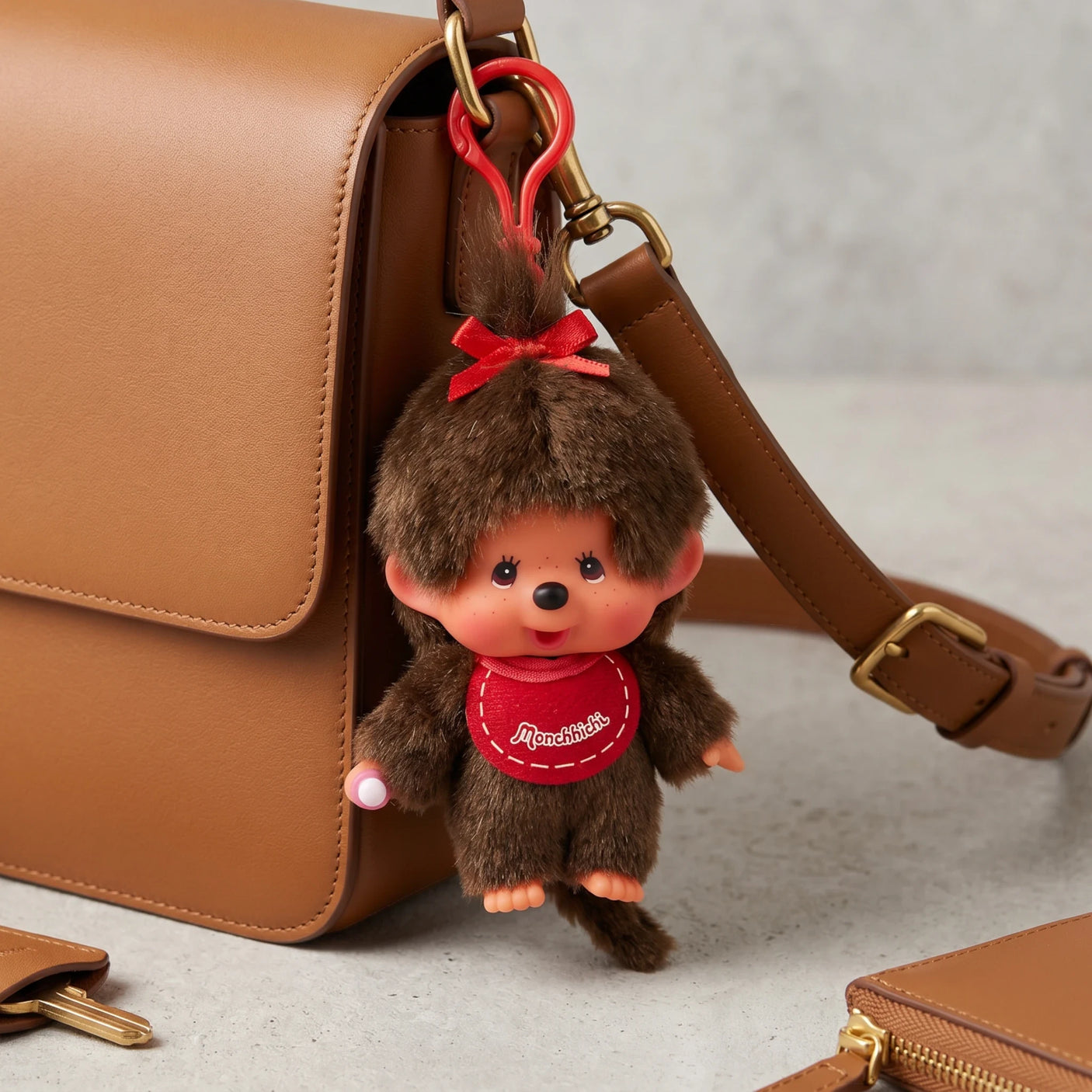 Brown bag with plush charm hanging from strap; red ribbon and metal clasp