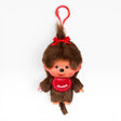 Brown plush bag charm with red ribbon and loop keyring, cartoon girl face