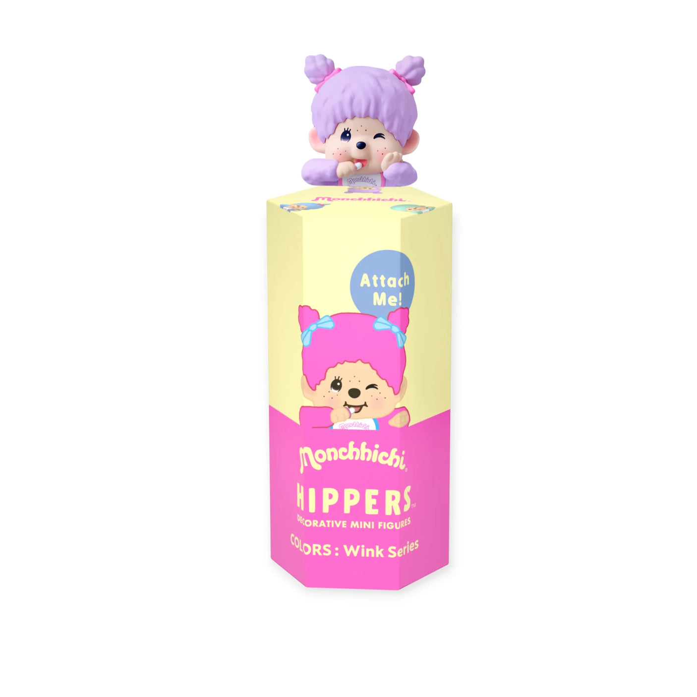 A collectible mini figurine of the character Monchhichi Hippers from the new COLORS Wink Series, shown on top of its pastel yellow and pink packaging box against a plain white background. Edited by Blink Box AU