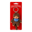 Monchhichi boy keychain with brown plush and blue scarf, silver keyring