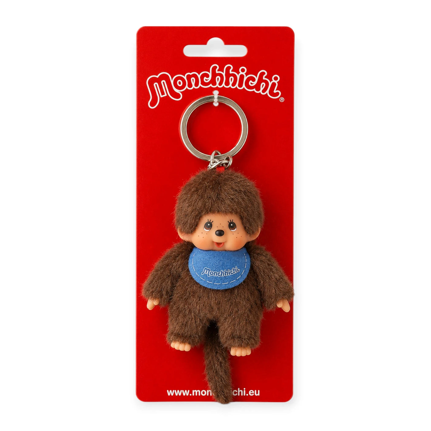 Monchhichi boy keychain with brown plush and blue scarf, silver keyring