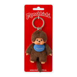Monchhichi boy keychain with brown plush and blue scarf, silver keyring