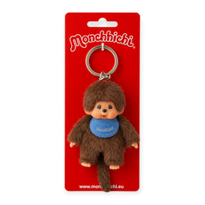 Monchhichi boy keychain with brown plush and blue scarf, silver keyring