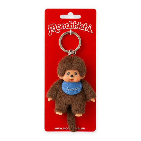 Monchhichi boy keychain with brown plush and blue scarf, silver keyring