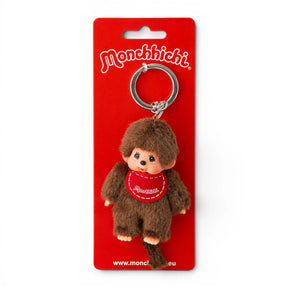 Monchhichi boy plush keychain with metal ring and brown outfit