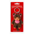 Plush girl keychain charm in dark brown with pink bows and metal keyring