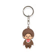 Monchhichi mini figure keychain boy, brown plush character front with red-and-white outfit