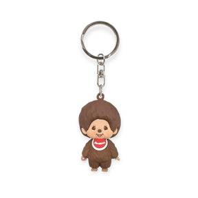 Monchhichi mini figure keychain boy, brown plush character front with red-and-white outfit