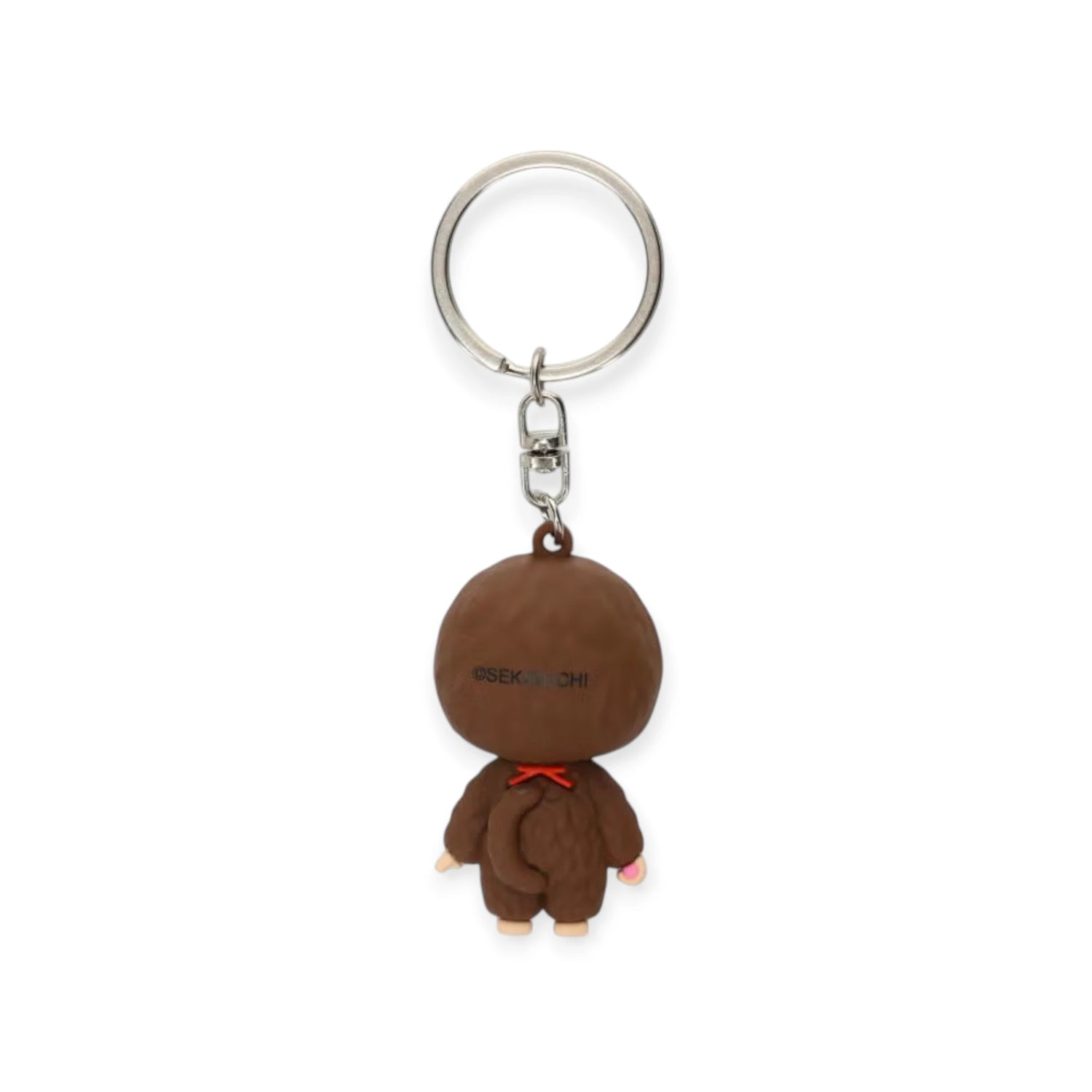 Monchhichi mini figure keychain boy, brown plush back with metal ring and clasp