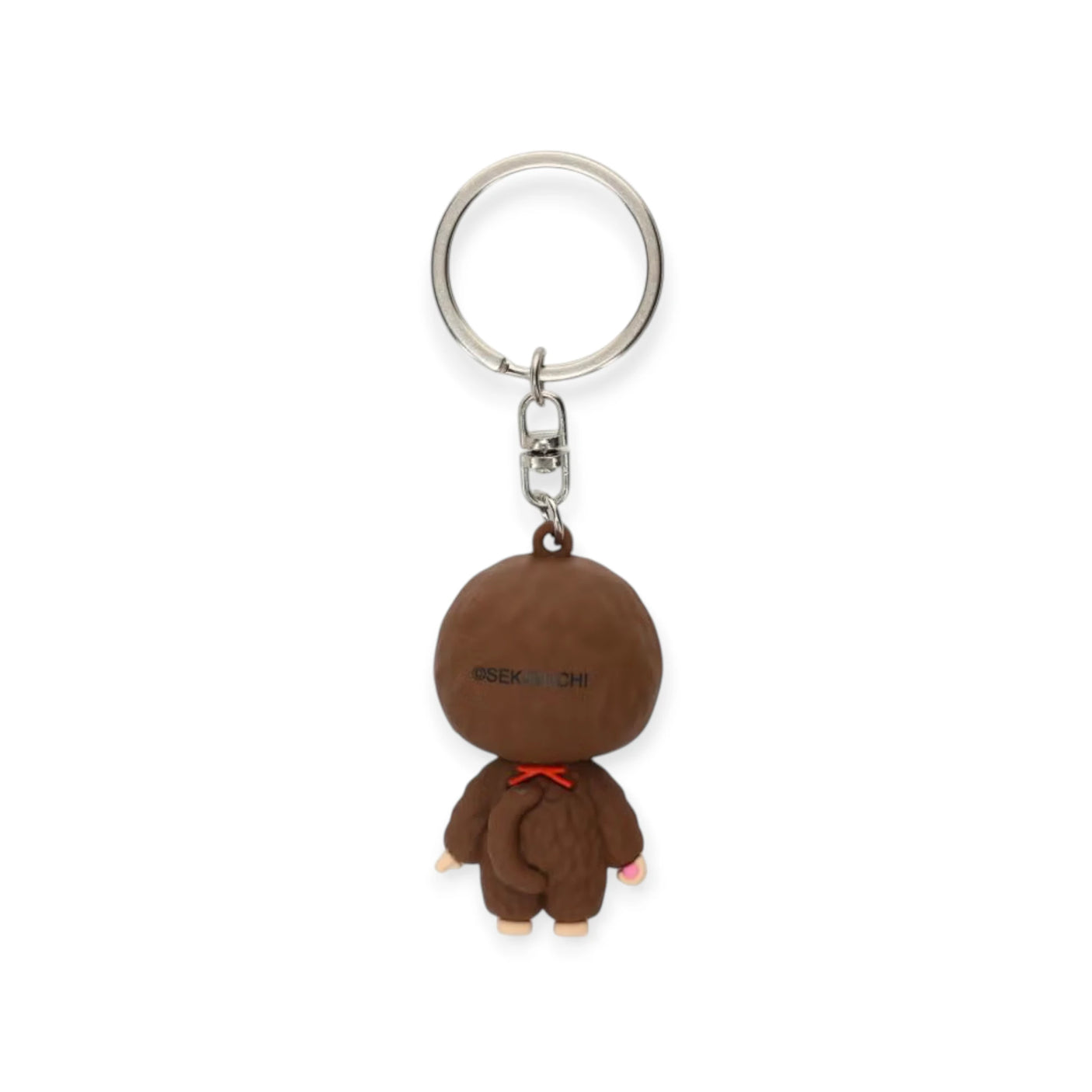 Monchhichi mini figure keychain boy, brown plush back with metal ring and clasp