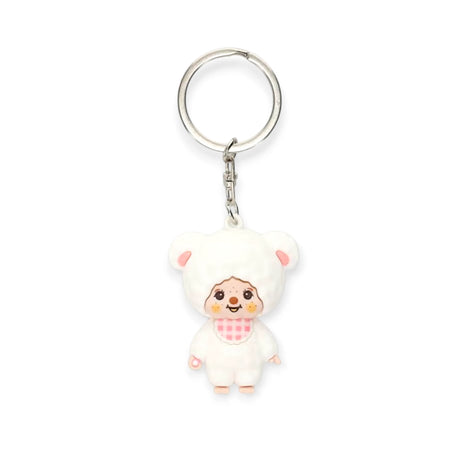 Chamu mini figure keychain with plush bear, smiling face, pink checkered outfit