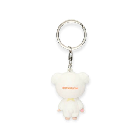 Chamu mini figure keychain with plush bear back, printed logo, metal keyring