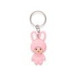 Pink bunny mini figure keychain with smiling face and plaid outfit