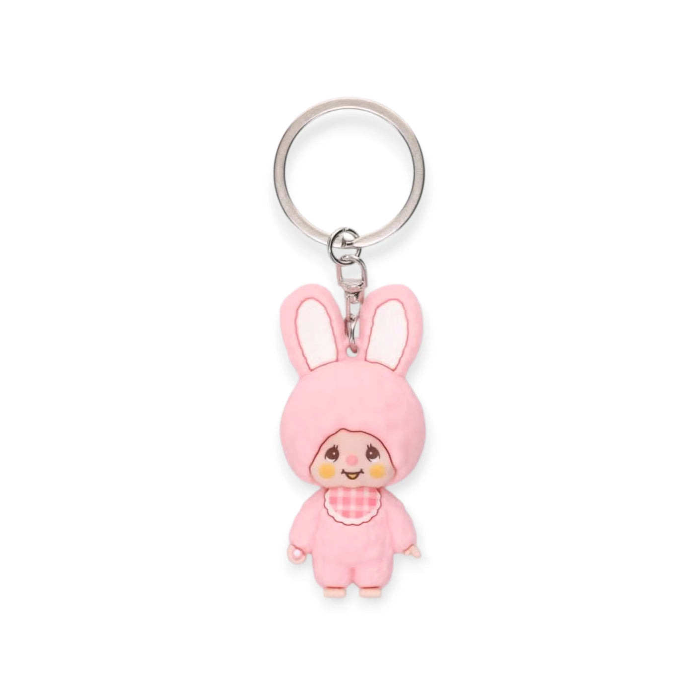 Pink bunny mini figure keychain with smiling face and plaid outfit