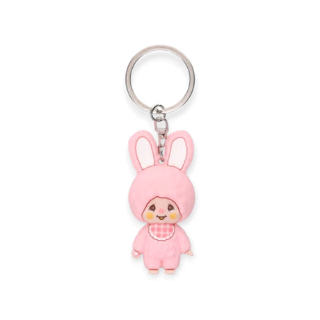 Pink bunny mini figure keychain with smiling face and plaid outfit