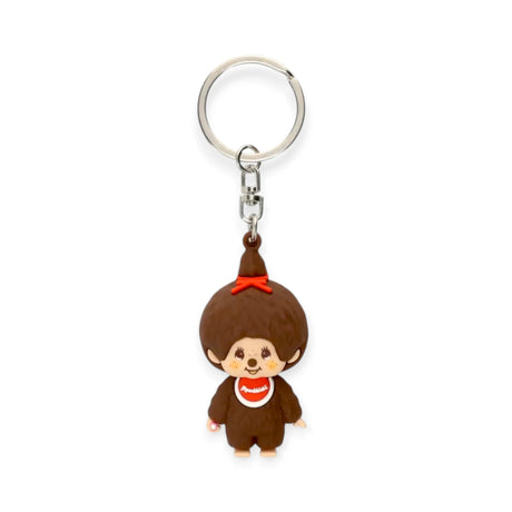 Monchhichi mini figure keychain girl, brown plush figure with orange bow and clasp