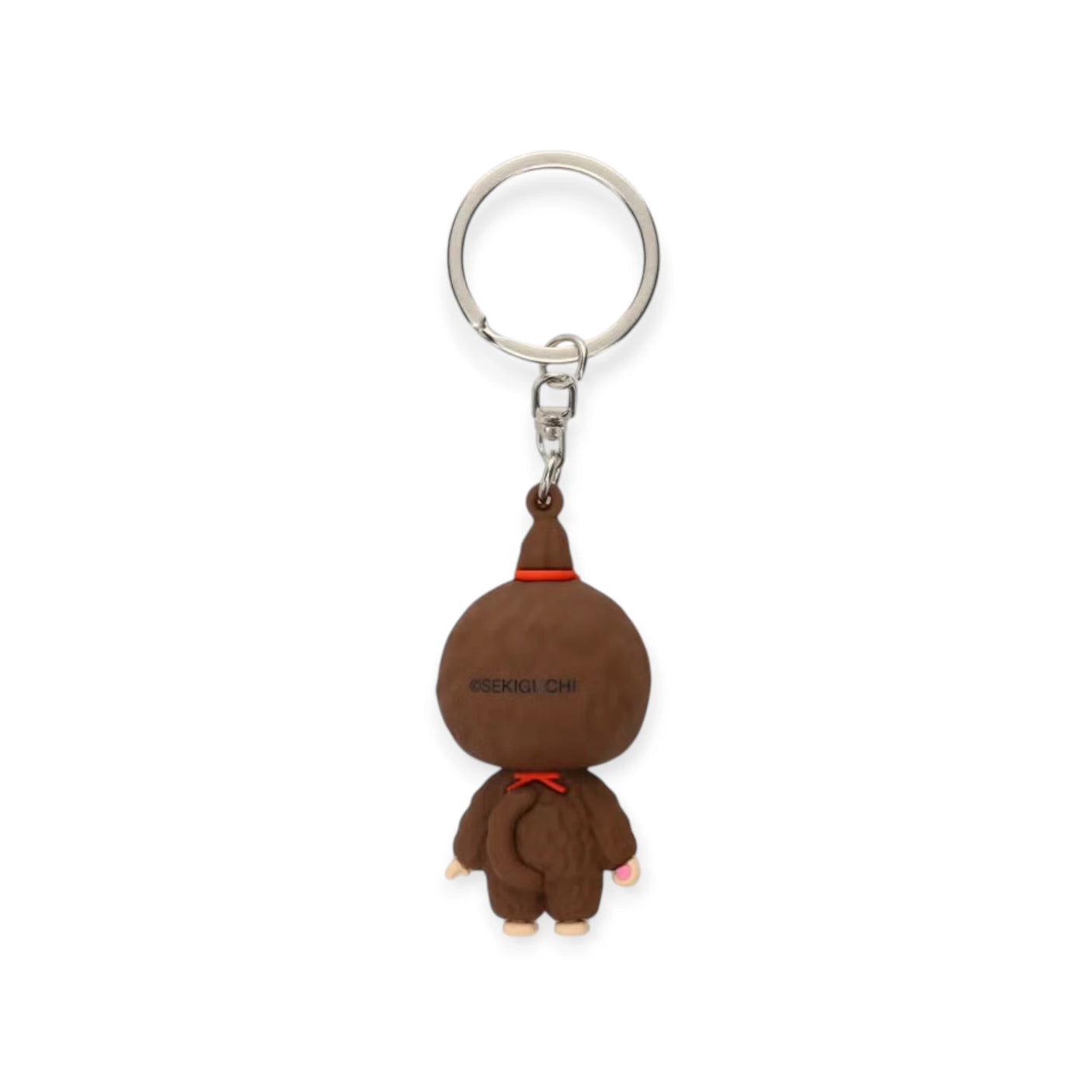 Monchhichi mini figure keychain girl, brown plush figure back with orange ribbon