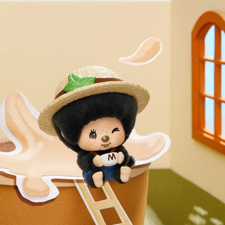 Flocked pendant blind-box figure wearing a straw hat, holding a “M” charm badge