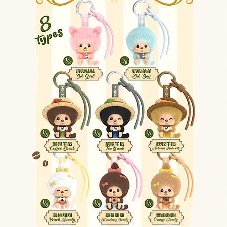 Blind box mini keychain types card showing eight Monchhichi pendant figures