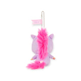 The limited-edition Monchhichi x 475 Harajuku Shinako Unicorn Keychain features a purple plush with a pink mane, tail, pointy ears, and metal chain with a small pink flag—an adorable collectible accessory for any fan.