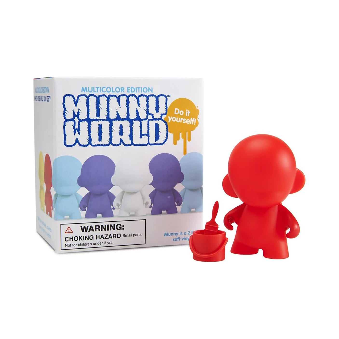 The DIY Munnyworld Mini figure in red, by Kidrobot, ideal for fans of personalized pop vinyl, is displayed next to its box which features various color options and includes a warning about small parts.