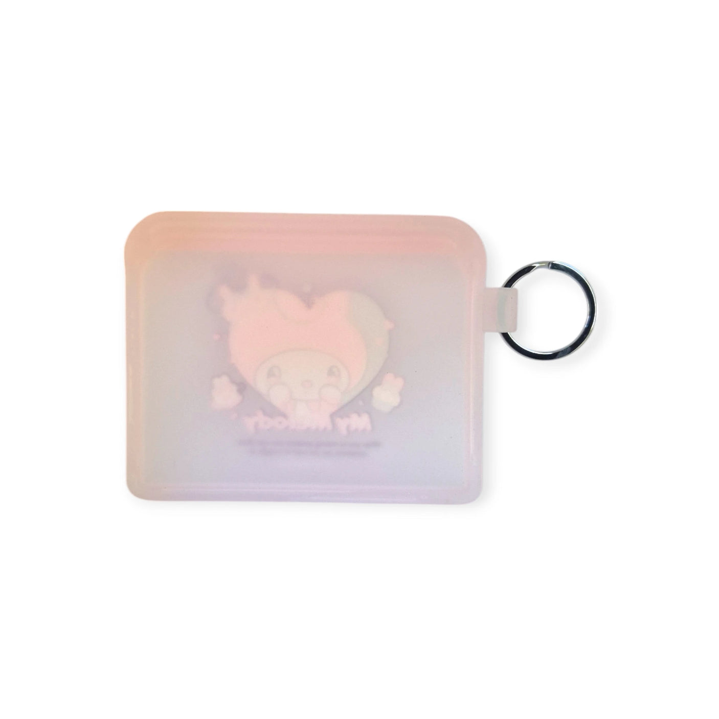 The Sanrio My Melody Card Case, with its semi-transparent pink-hued pouch, features a heart-shaped cartoon character and small arms, reminiscent of the design. It includes a metal ring on the side for easy carrying.