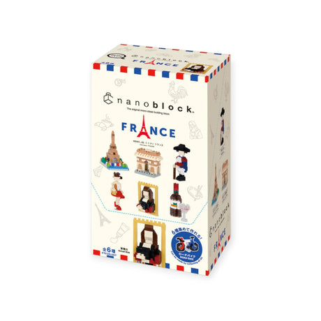 The Nanoblock France - Complete Set by Nanoblock provides a building experience with miniature block models of famous French landmarks and cultural symbols, showcasing images of the finished creations on its packaging.